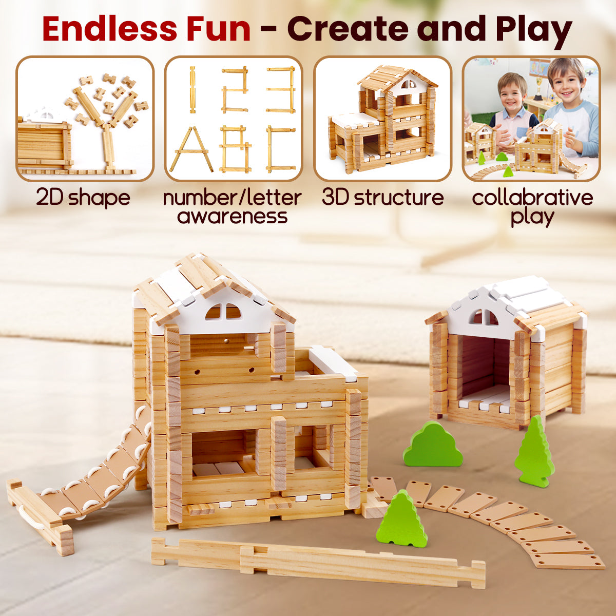 Building Blocks Set Wooden Blocks Toys (96 pcs) with Storage Bag