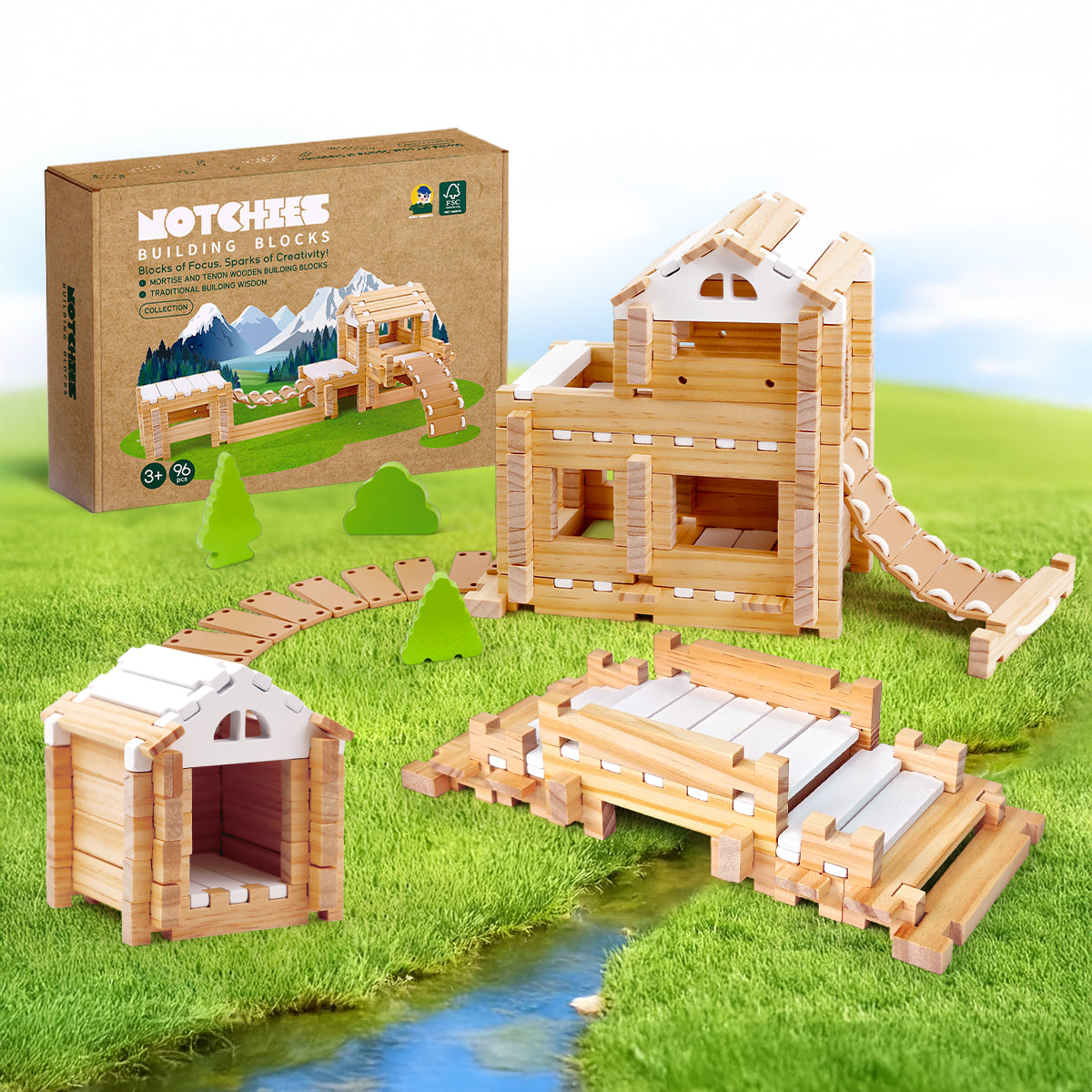 Building Blocks Set Wooden Blocks Toys (96 pcs) with Storage Bag