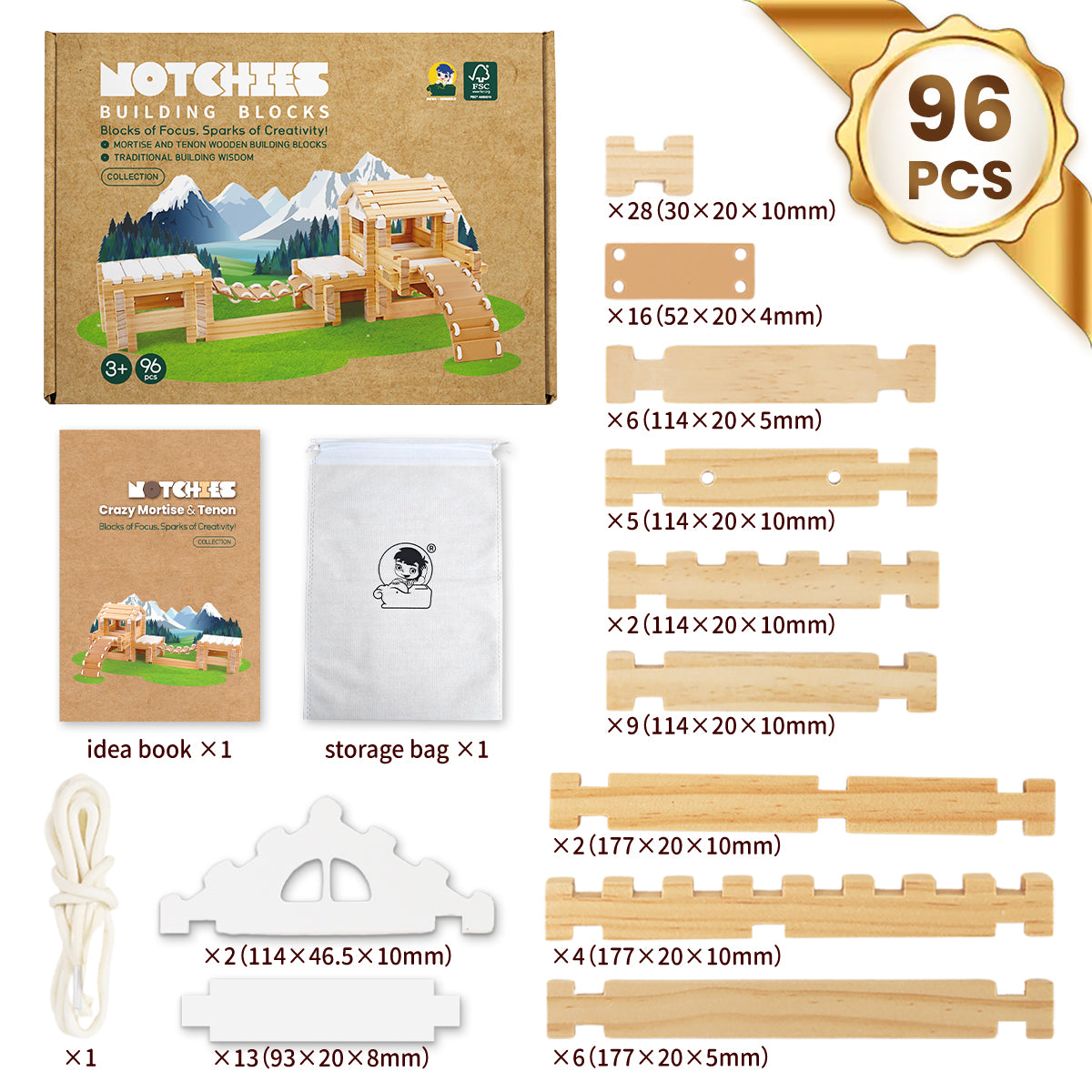 Building Blocks Set Wooden Blocks Toys (96 pcs) with Storage Bag