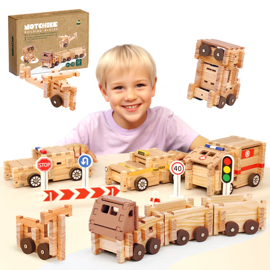 Building Blocks Car Set Wooden Blocks Toys (101 pcs) with Storage Bag, Educational Classic Wooden Blocks for Toddlers Ages 3+ Boys and Girls Aged,Truck/Excavator,FSC Certified